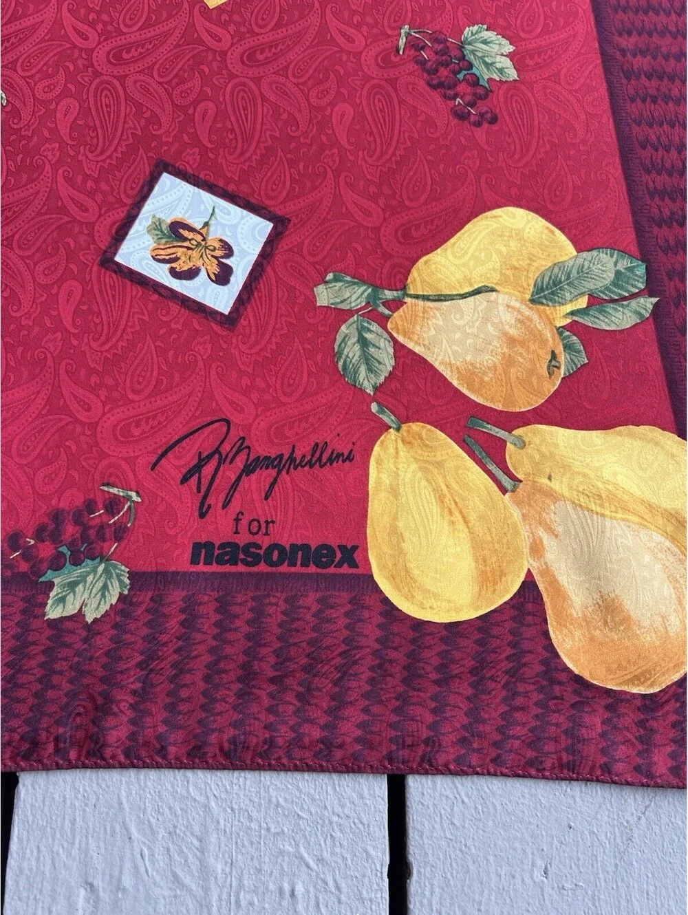 R Zanghellini for Nasonex Silk Red Scarf Ornate Fruit  34x34